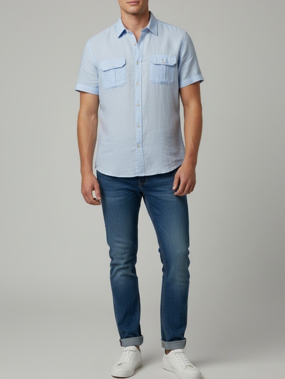 Claiborne Linen Short Sleeve Button-Up Shirt Mens L Blue Retro Casual Comfy